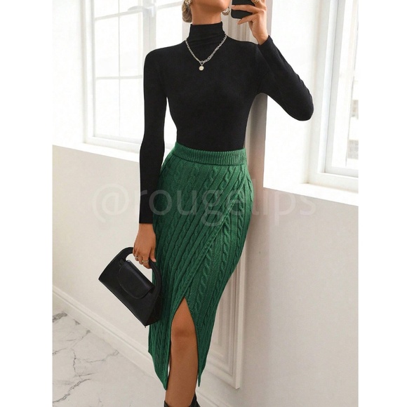 Faux Wrap Green Knit Midi Skirt with a Leg Slit - Picture 6 of 7